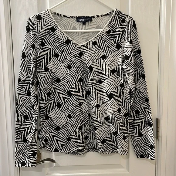 Jones New York Long Sleeve V-Neck Top Black/White Size S - Picture 3 of 11